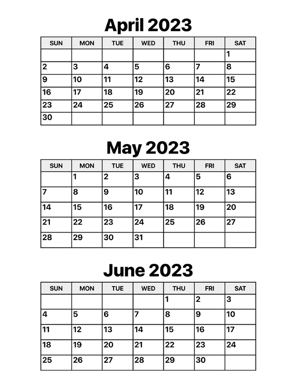 April May June 2023 Calendar