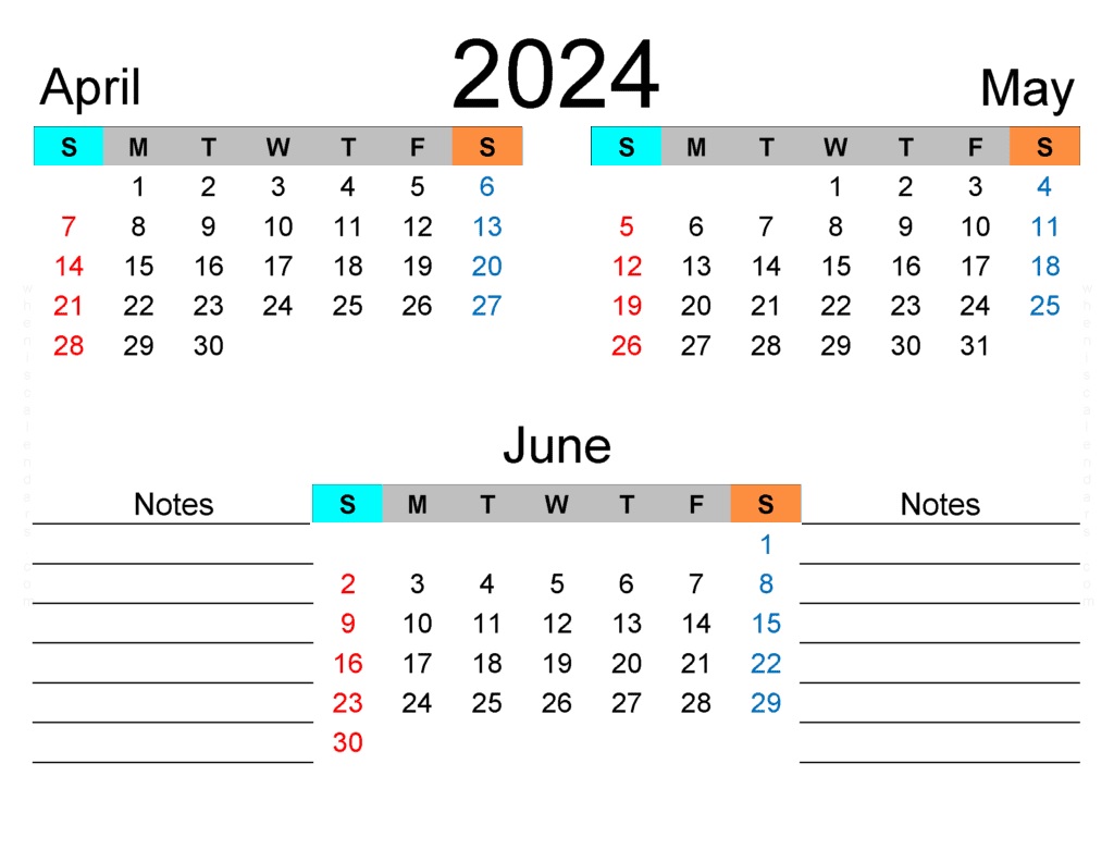 April May June 2024 Calendar With Notes
