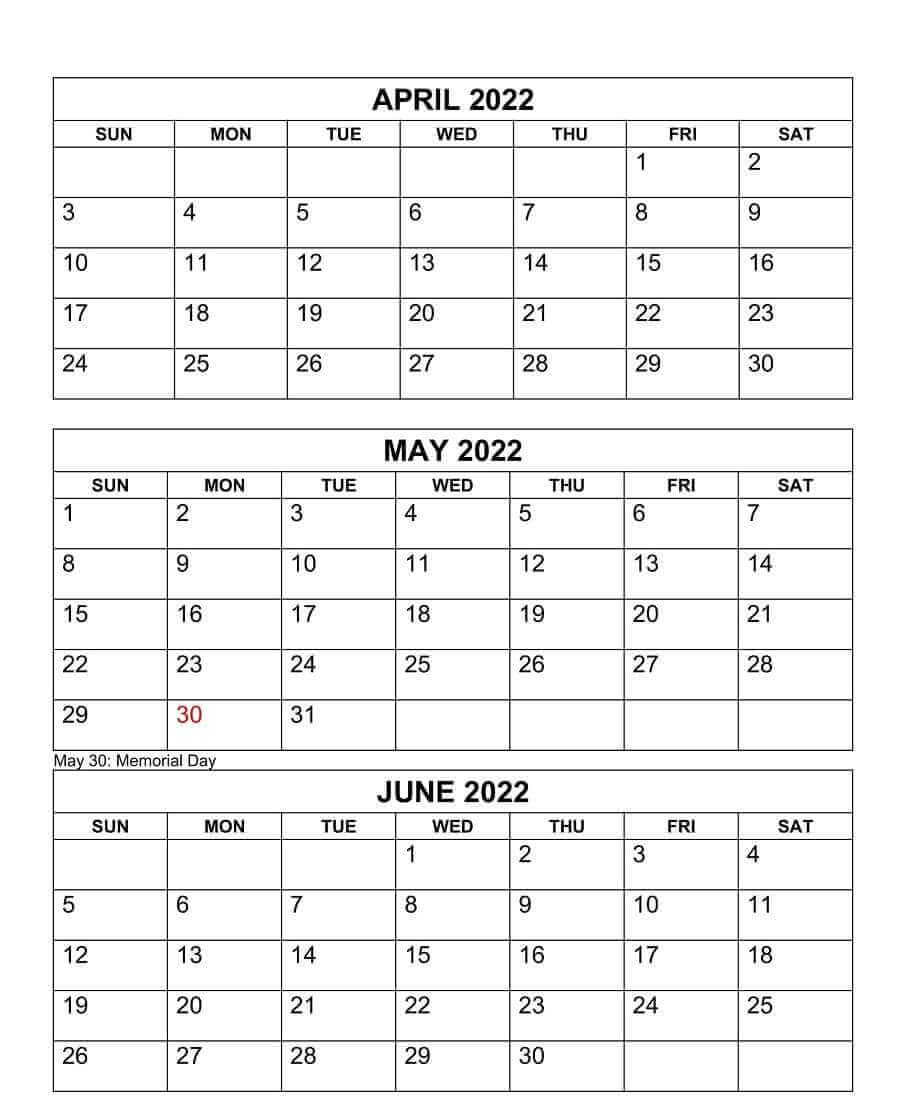 April to June 2022 Calendar with Holidays