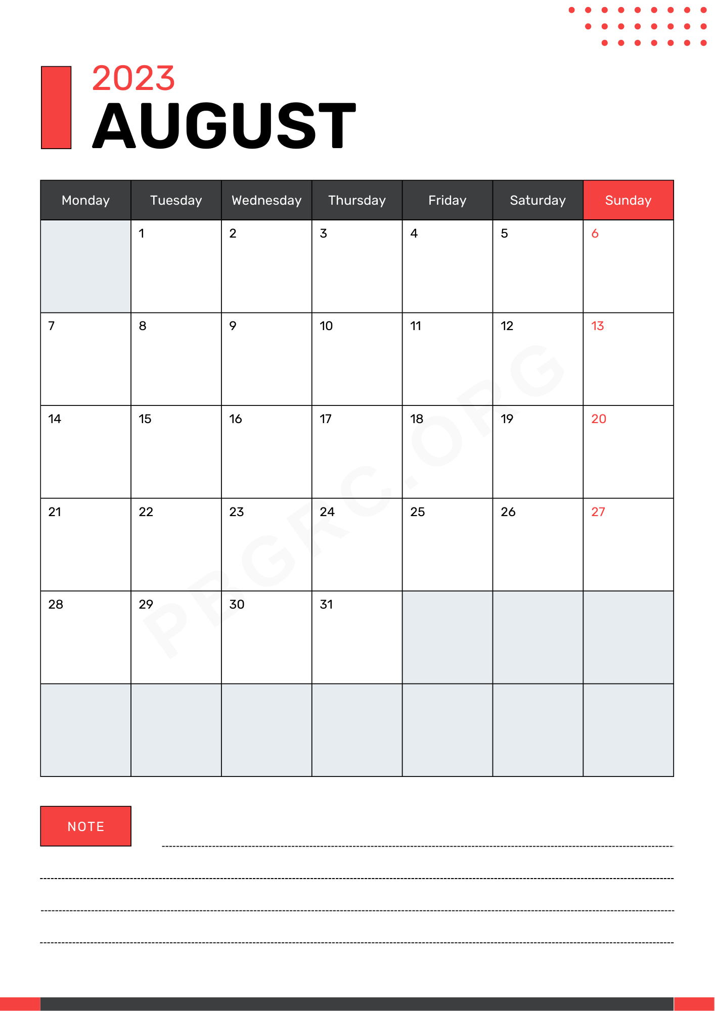 August 2023 Calendar A4 Size