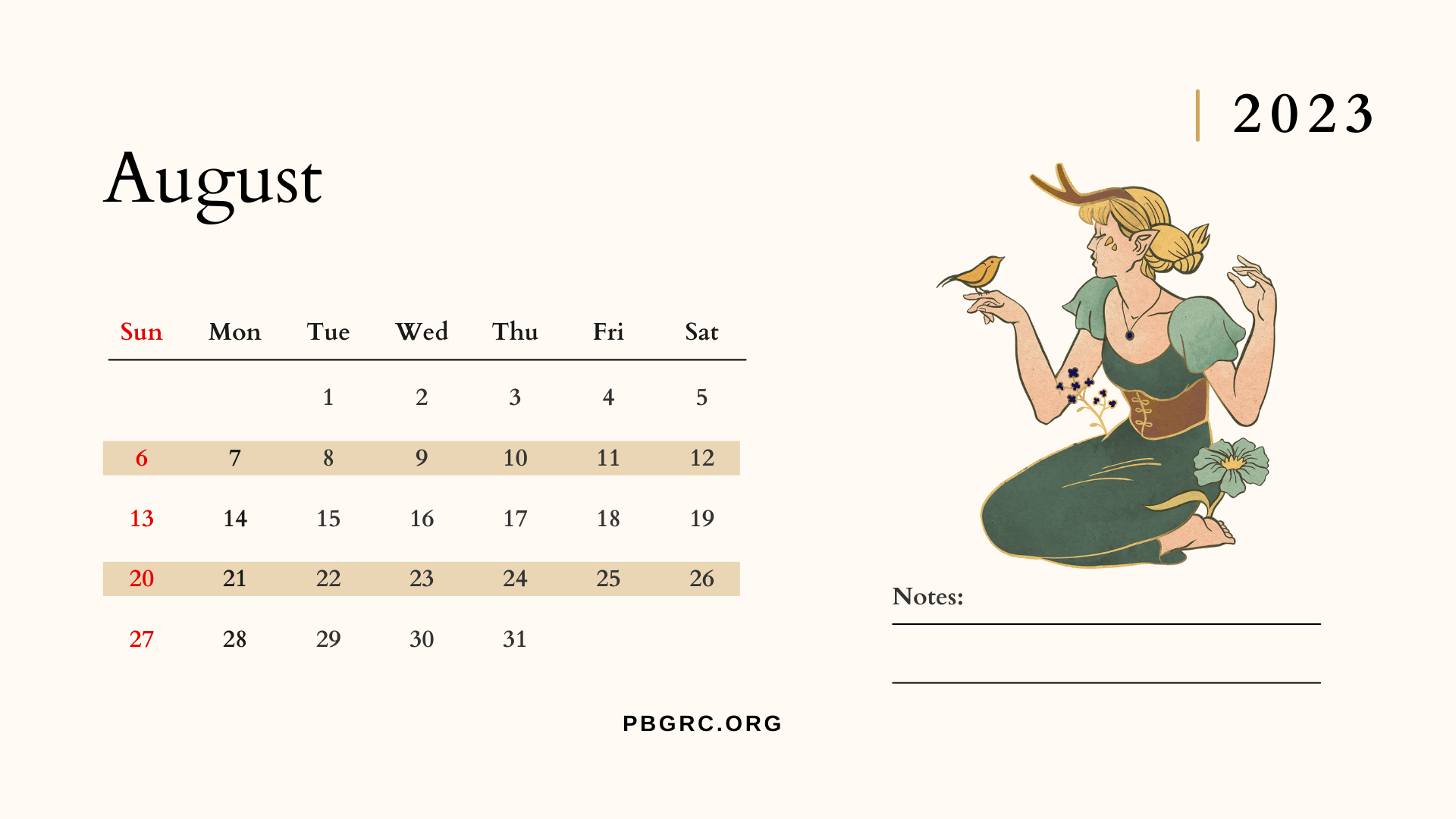 August 2023 Calendar with Notes