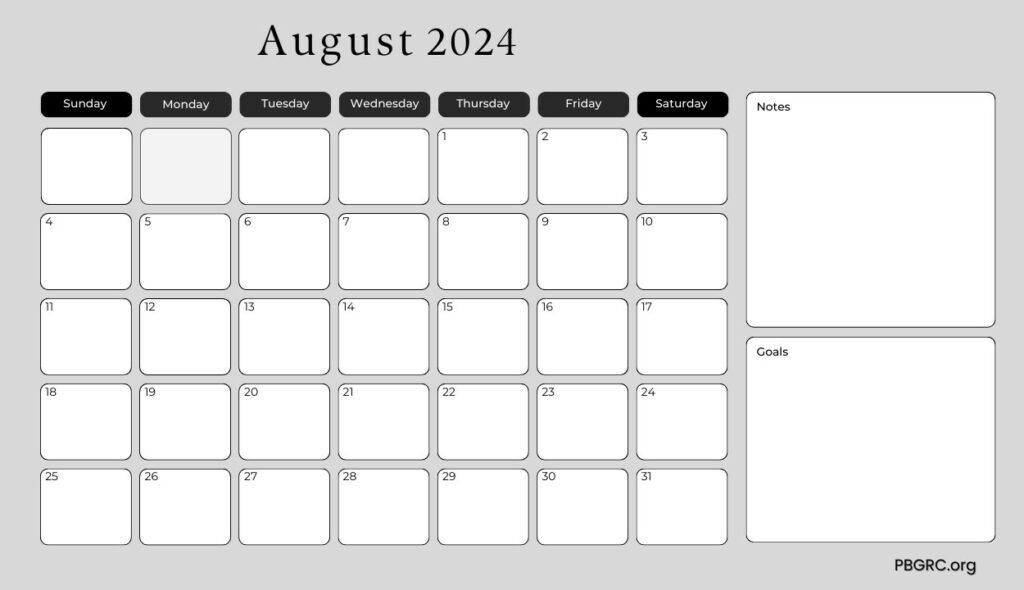 August Calendar 2024 Template With Notes