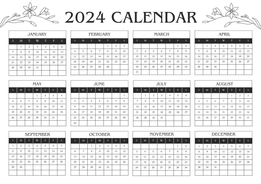 Black and White 2024 Calendar A4 (Landscape) Doc