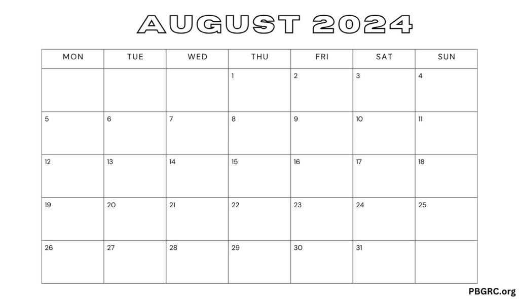 Blank 2024 August calendar Template