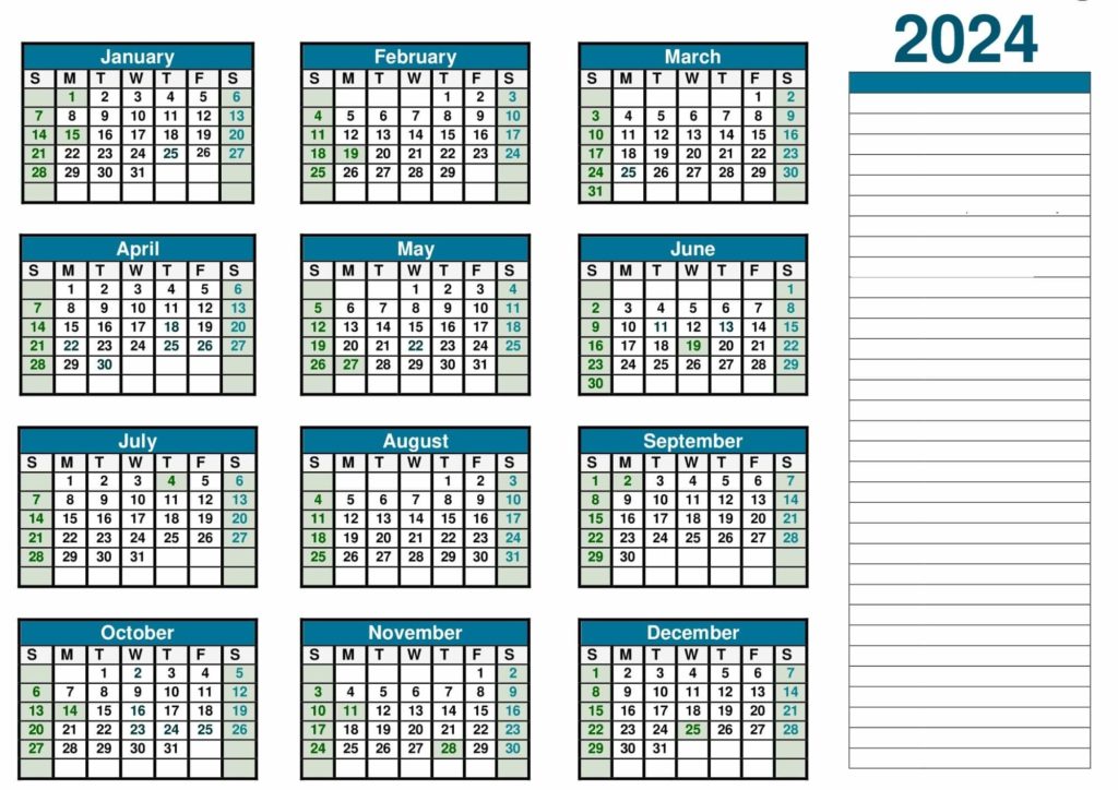 Blank Editable Yearly 2024 Calendar