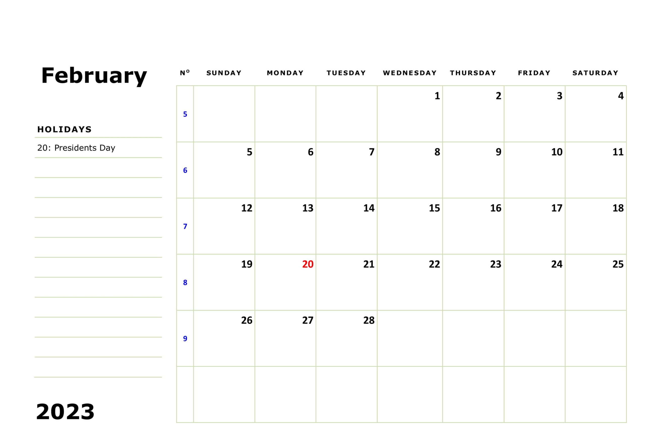 Blank February 2023 Calendar Templates with Notes
