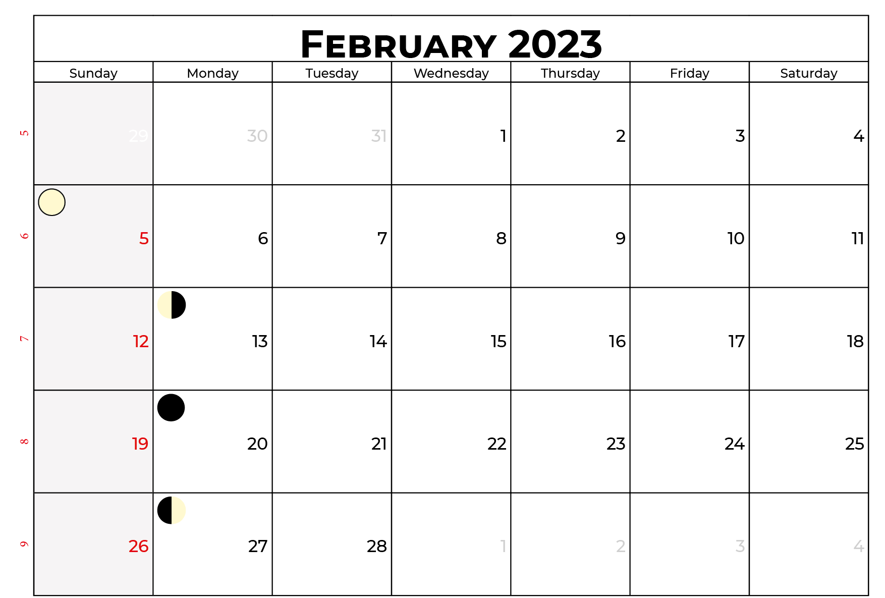 Blank February 2023 Calendar With Moon Phases