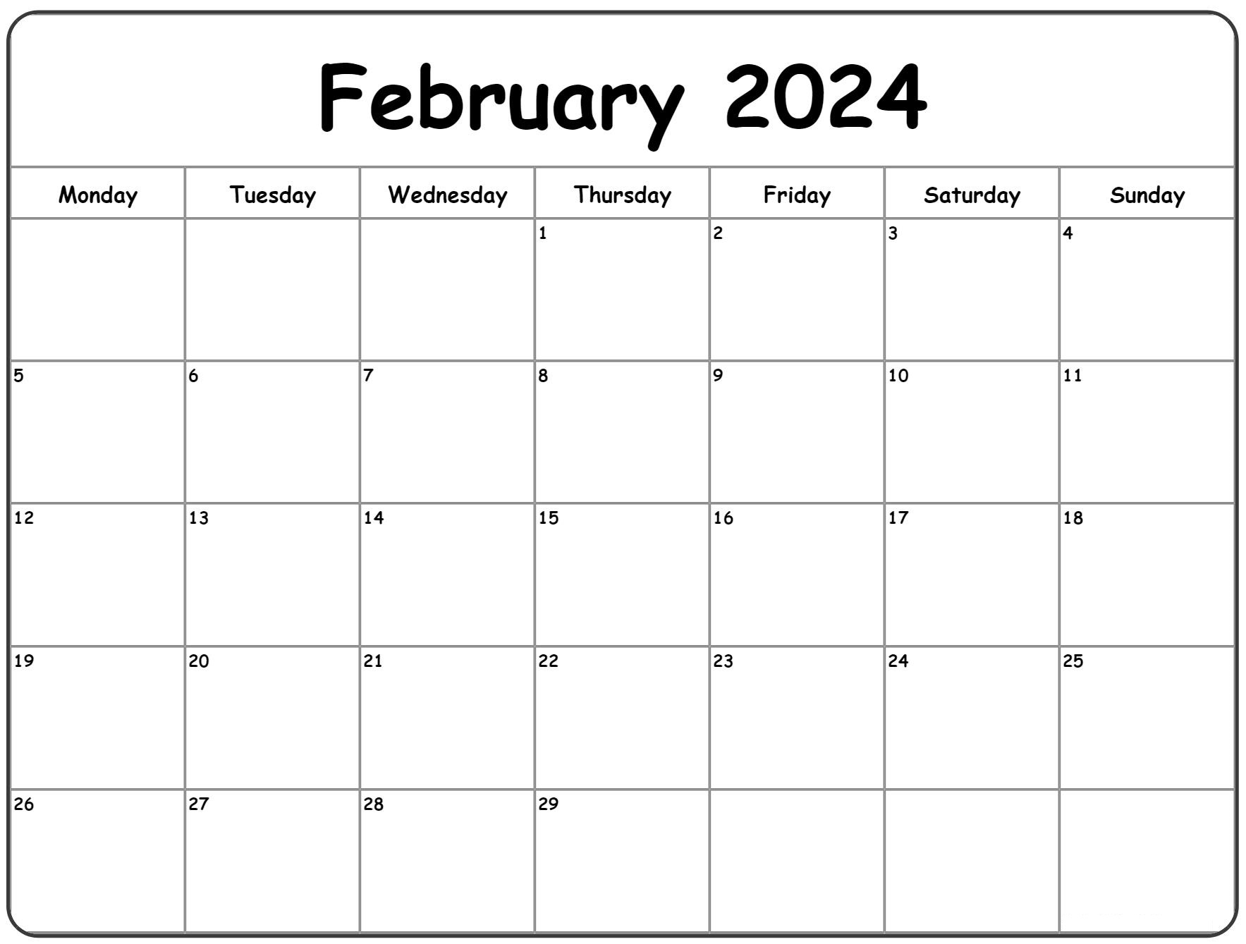 Blank February 2024 calendar for printing