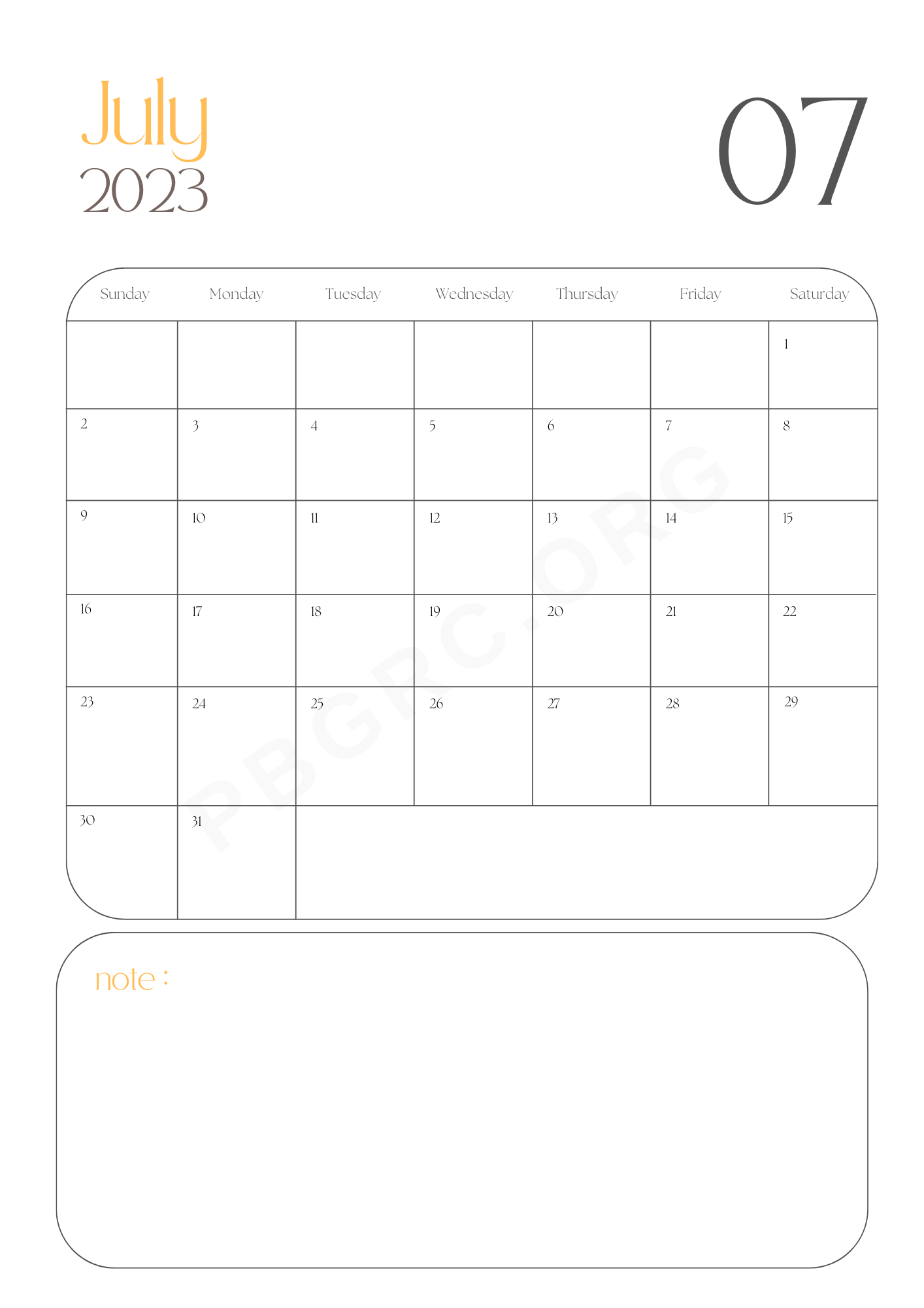 Blank July 2023 Calendar Template
