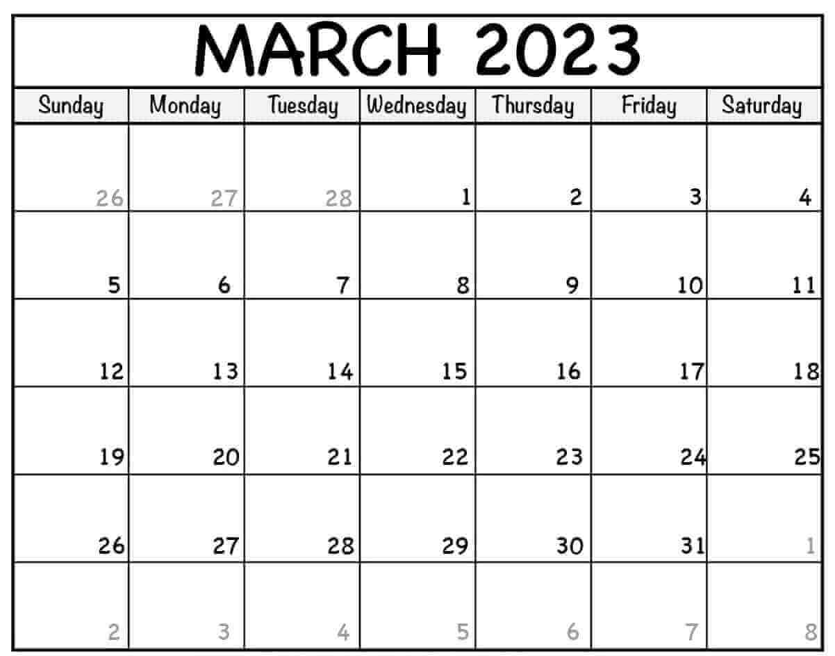 Blank March 2023 Calendar With Holidays