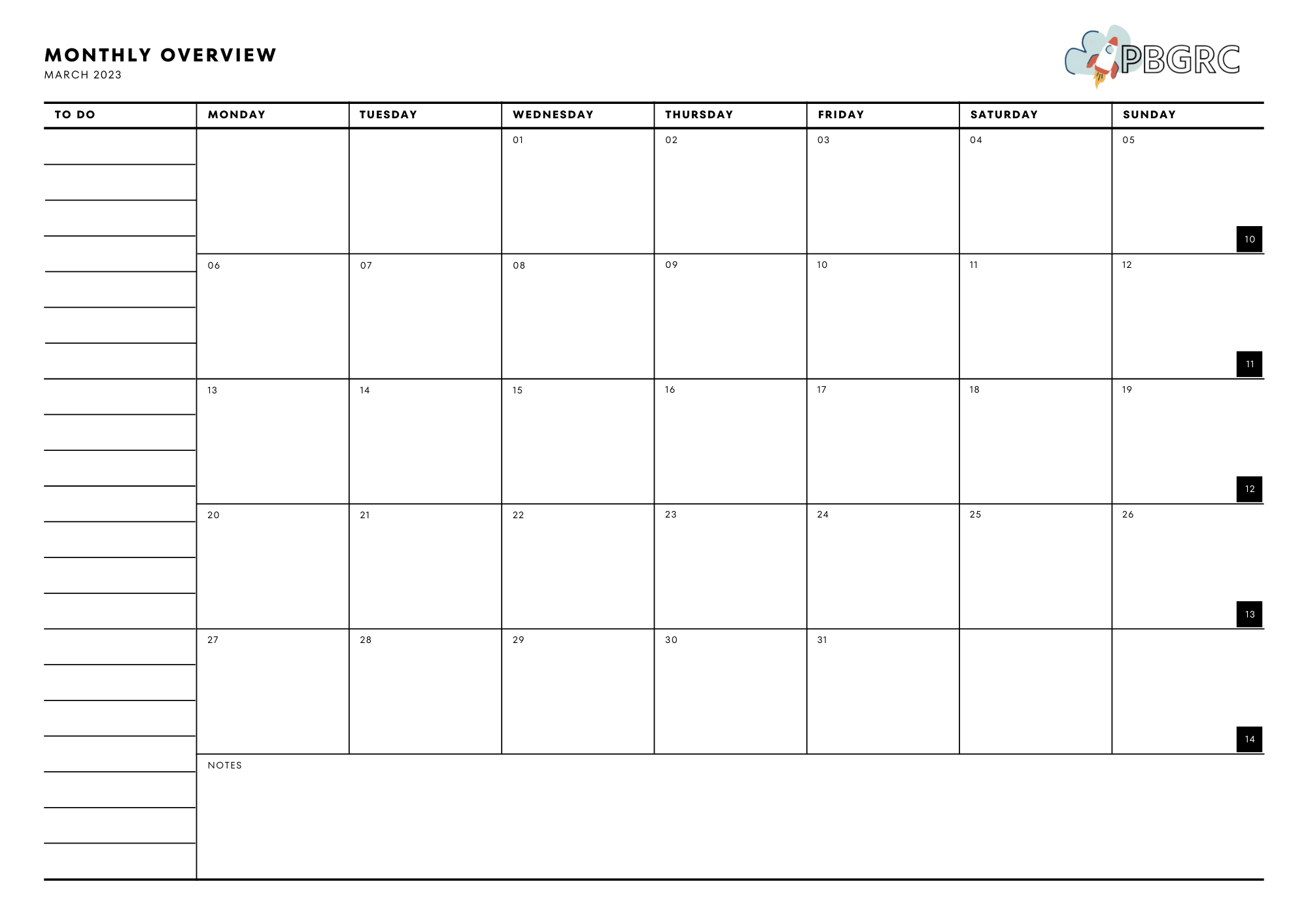 Blank March 2023 Calendar with Notes