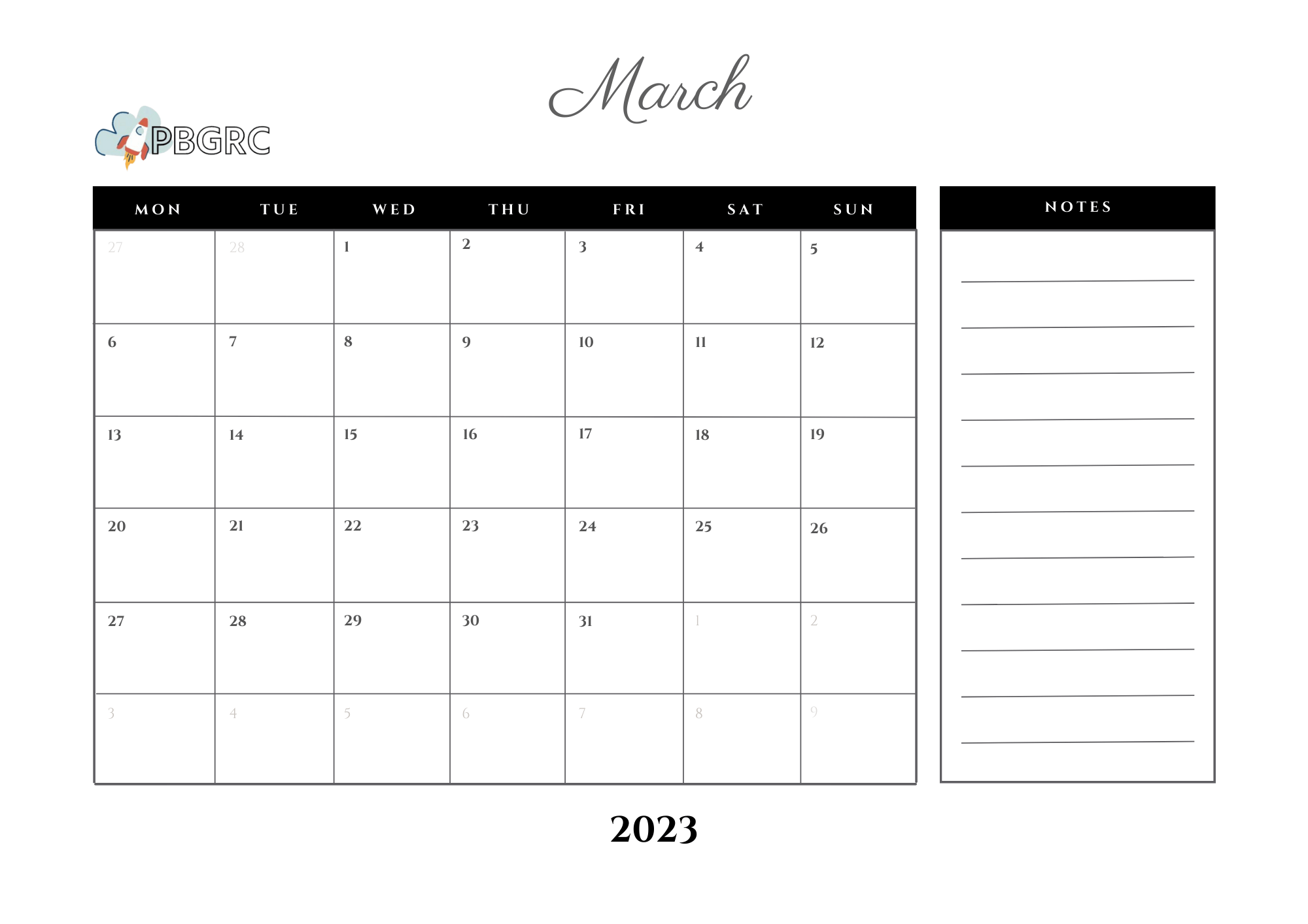 Blank March Calendar 2023 PDF