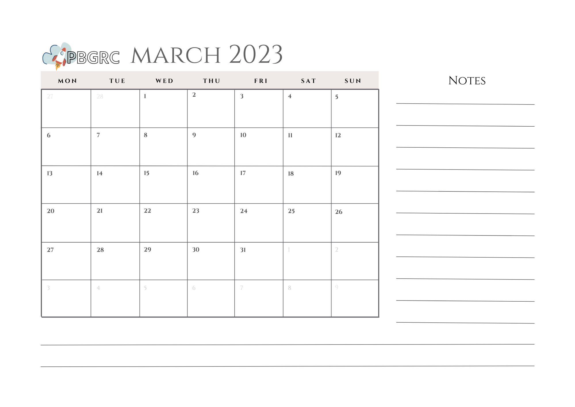 Blank March Calendar 2023 Word