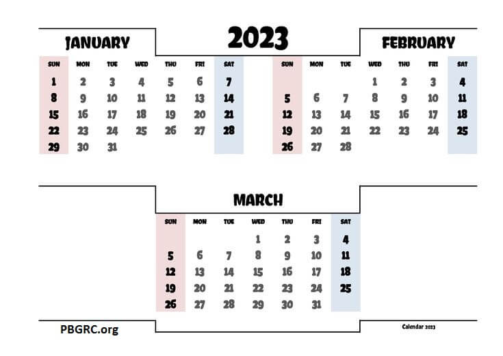 Cute January February March Calendar 2023 Printable Template