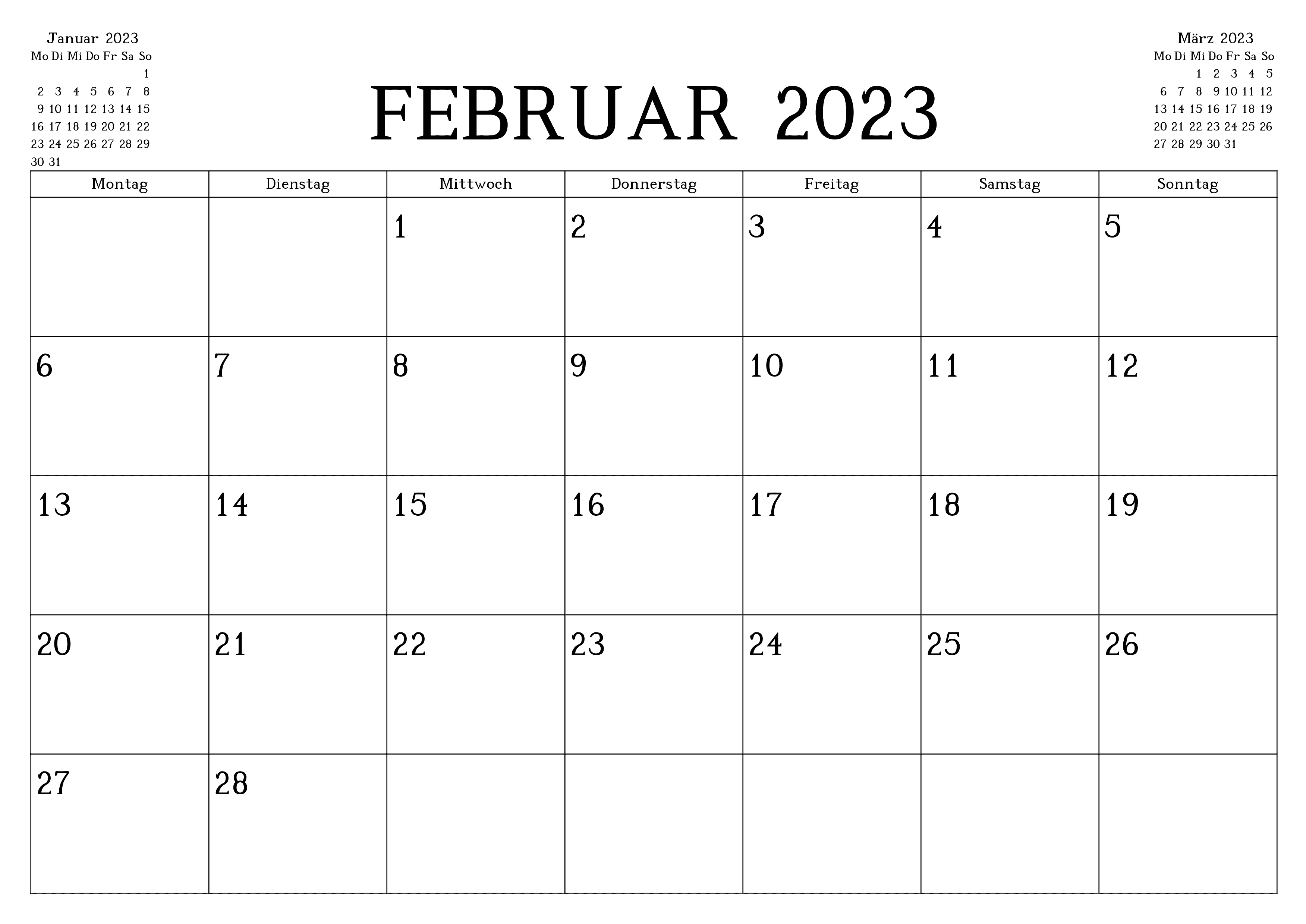 Druckbare Februar 2023 Kalender vorlagen für Deutschland