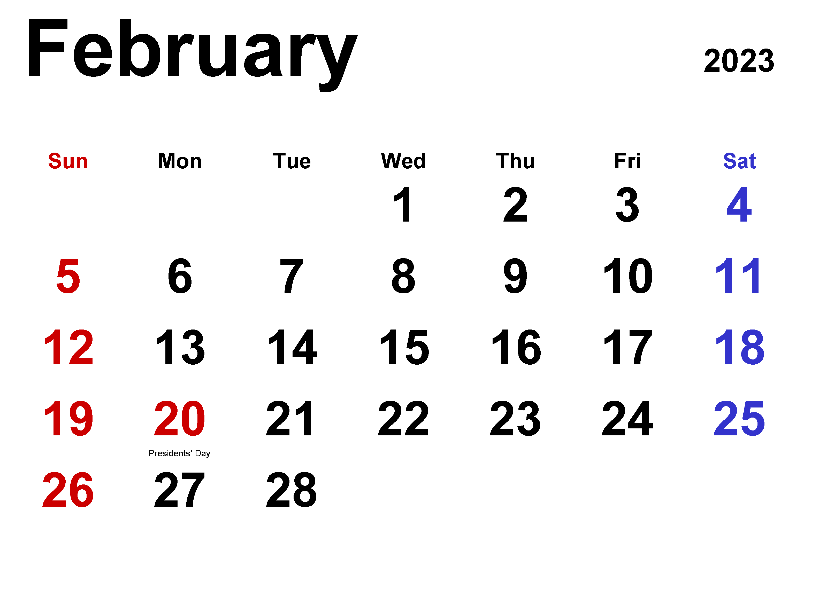 Editable February Calendar 2023 Blank Template