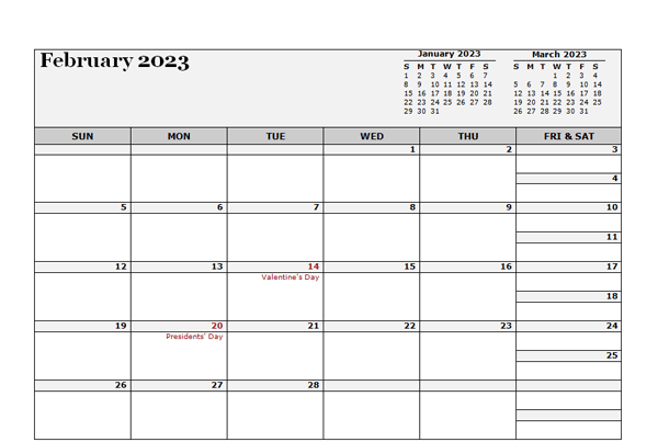 Editable February Calendar 2023 Printable