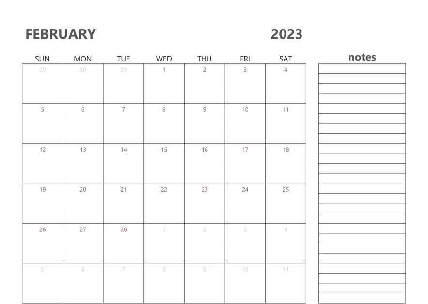 Editable February Calendar 2023 with Notes