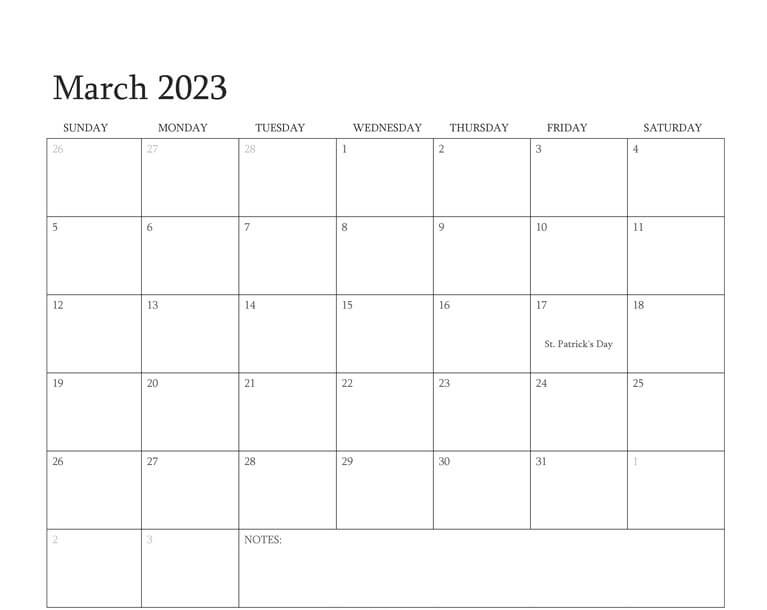 Editable March 2023 Calendar Template
