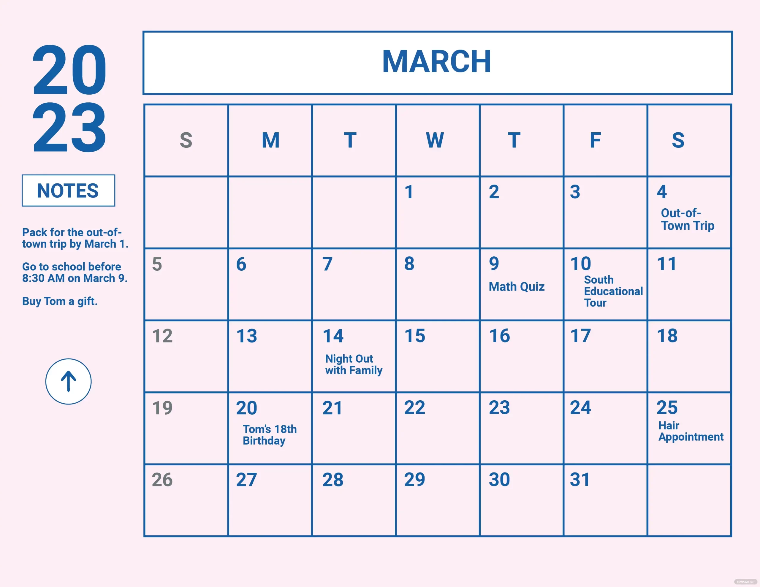 Editable March Calendar 2023