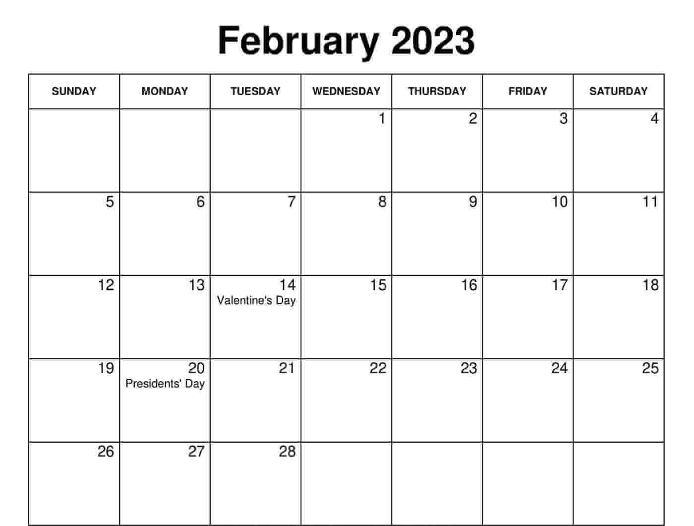 Feb 2023 Calendar Printable with Holidays