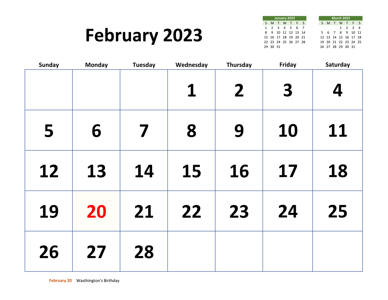 February 2023 Calendar with Extra Large Dates