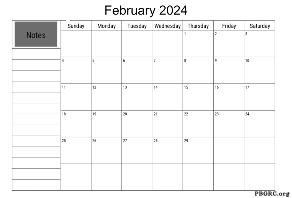 February 2024 Calendar Blank Notes
