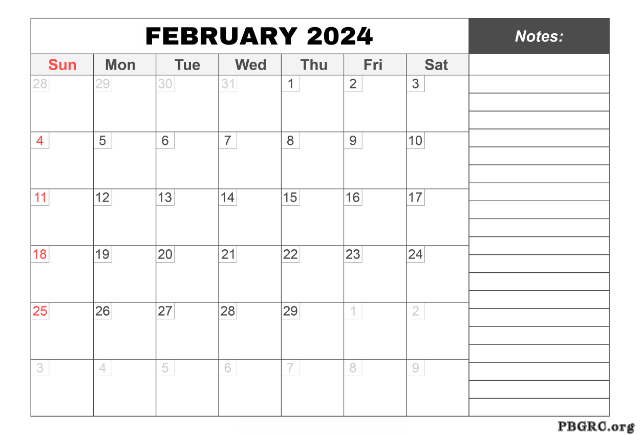 February 2024 Calendar Simple Notes