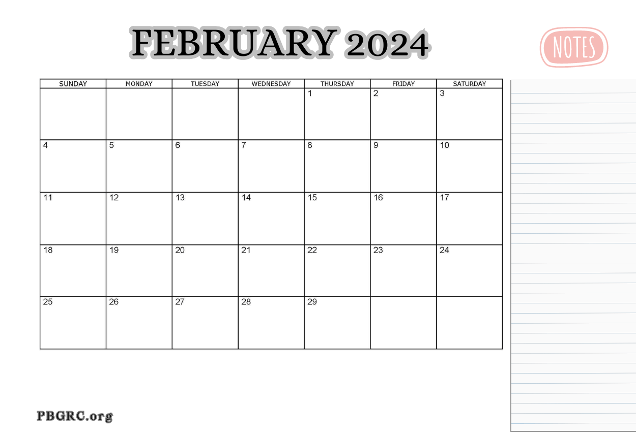 February 2024 Free Calendar With Notes