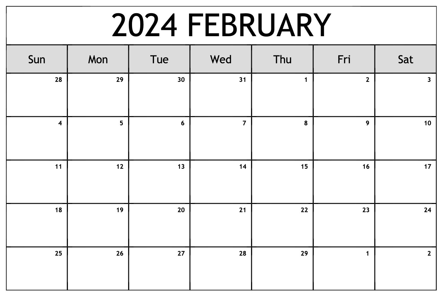 February 2024 calendar with space for notes