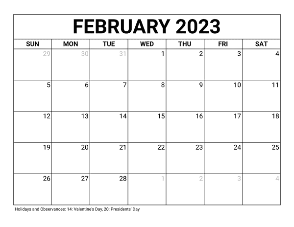 February Calendar 2023 With Holidays