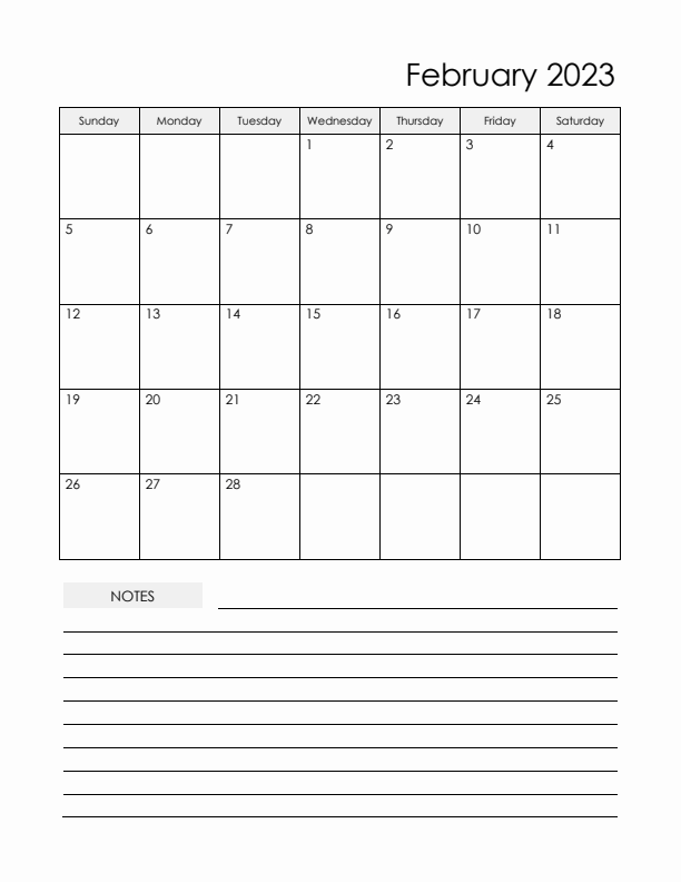 Fillable February 2023 Calendar Notes