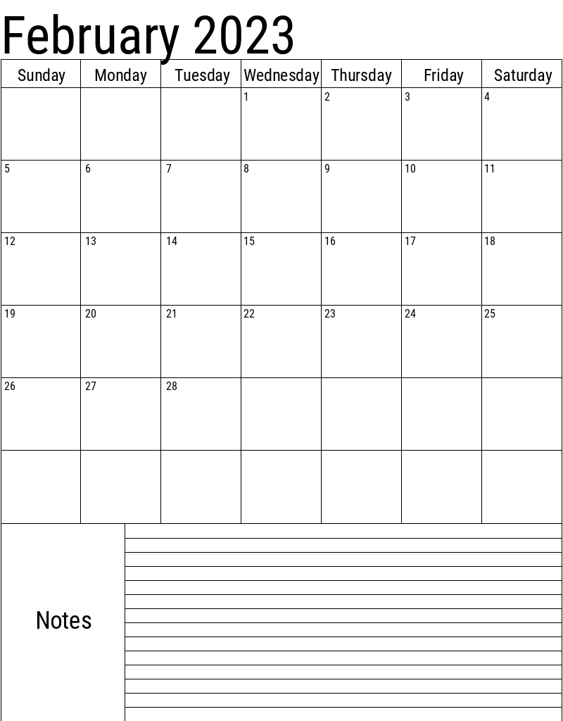 Fillable February 2023 Calendar Templates with Notes