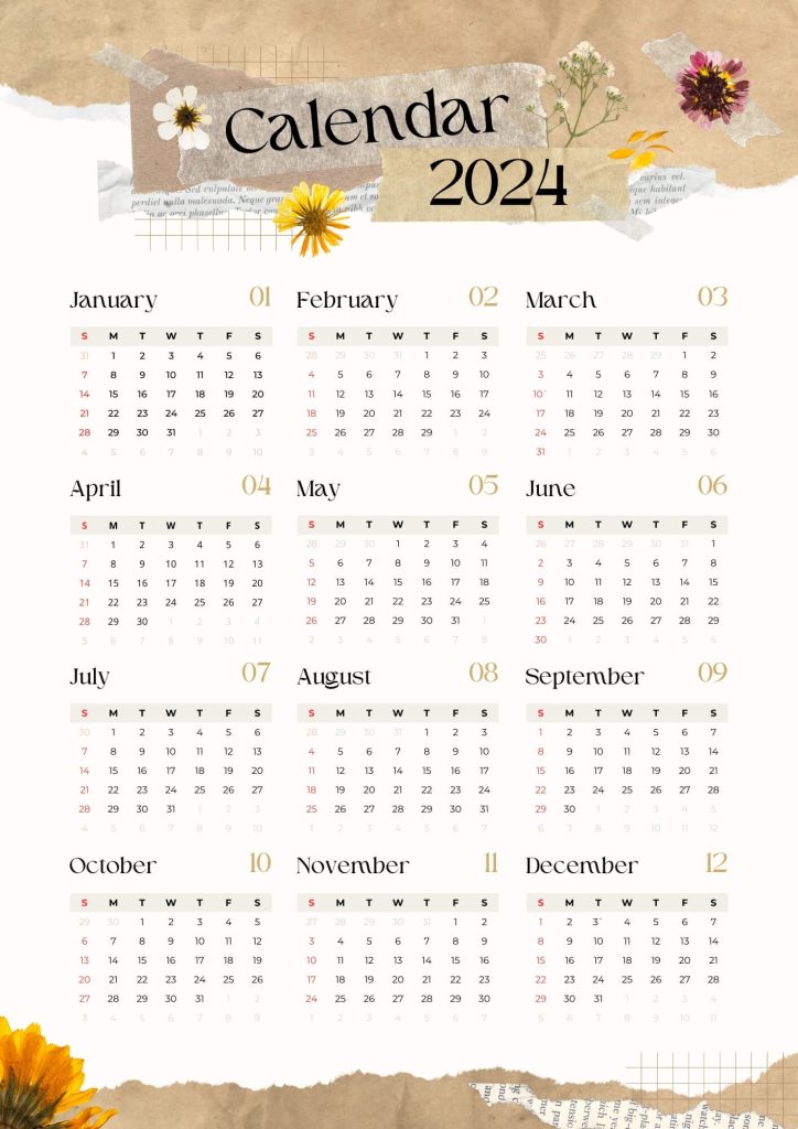 Floral Theme One Page 2024 Calendar