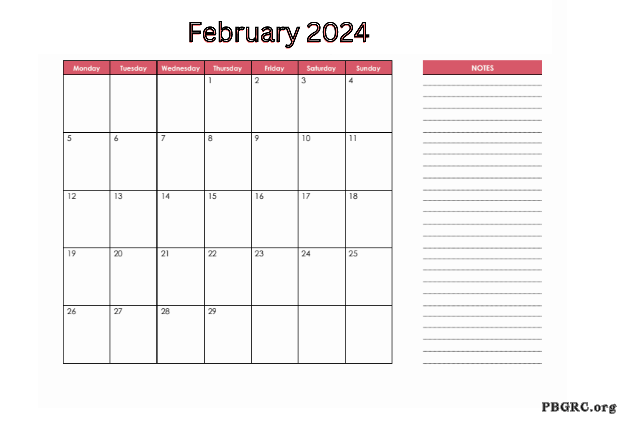 Free February 2024 Calendar With Notes