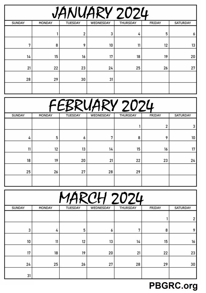 Free January February and March Calendar 2024