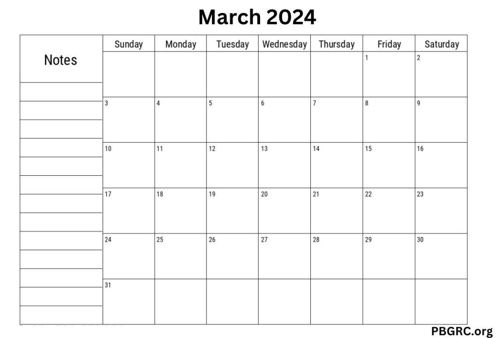 Free March 2024 Calendar With Note