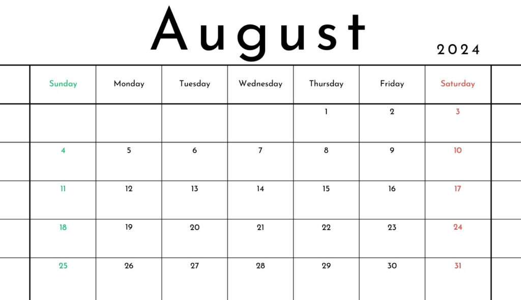 Free Monthly August 2024 Calendar