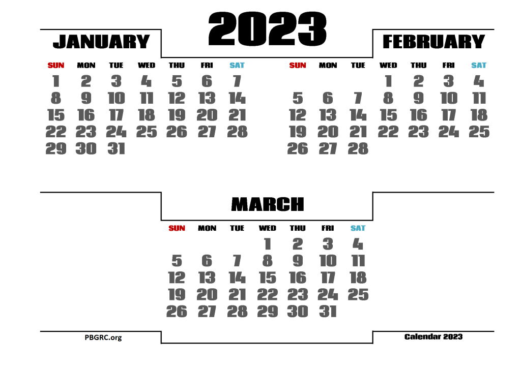 January February March 2023 Calendar Printable