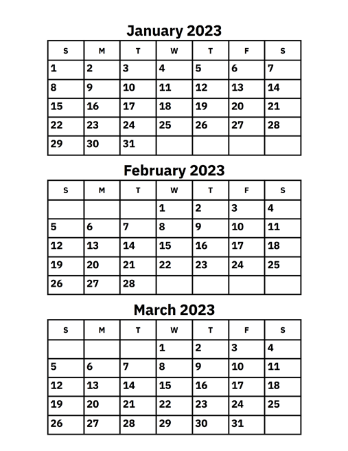 January February March Calendar 2023 Printable Template