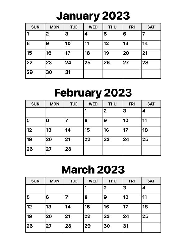 January February March Calendar 2023 Printable