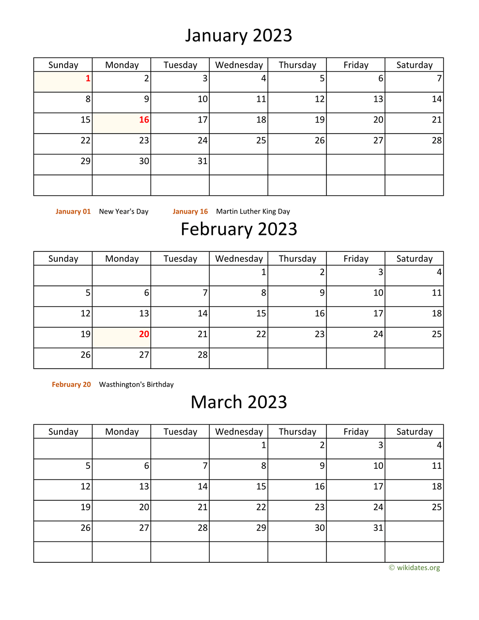 January February March Calendar 2023 with Holidays