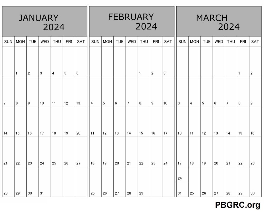 January February March Calendar 2024 Template