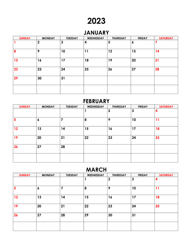 January February and March Calendar