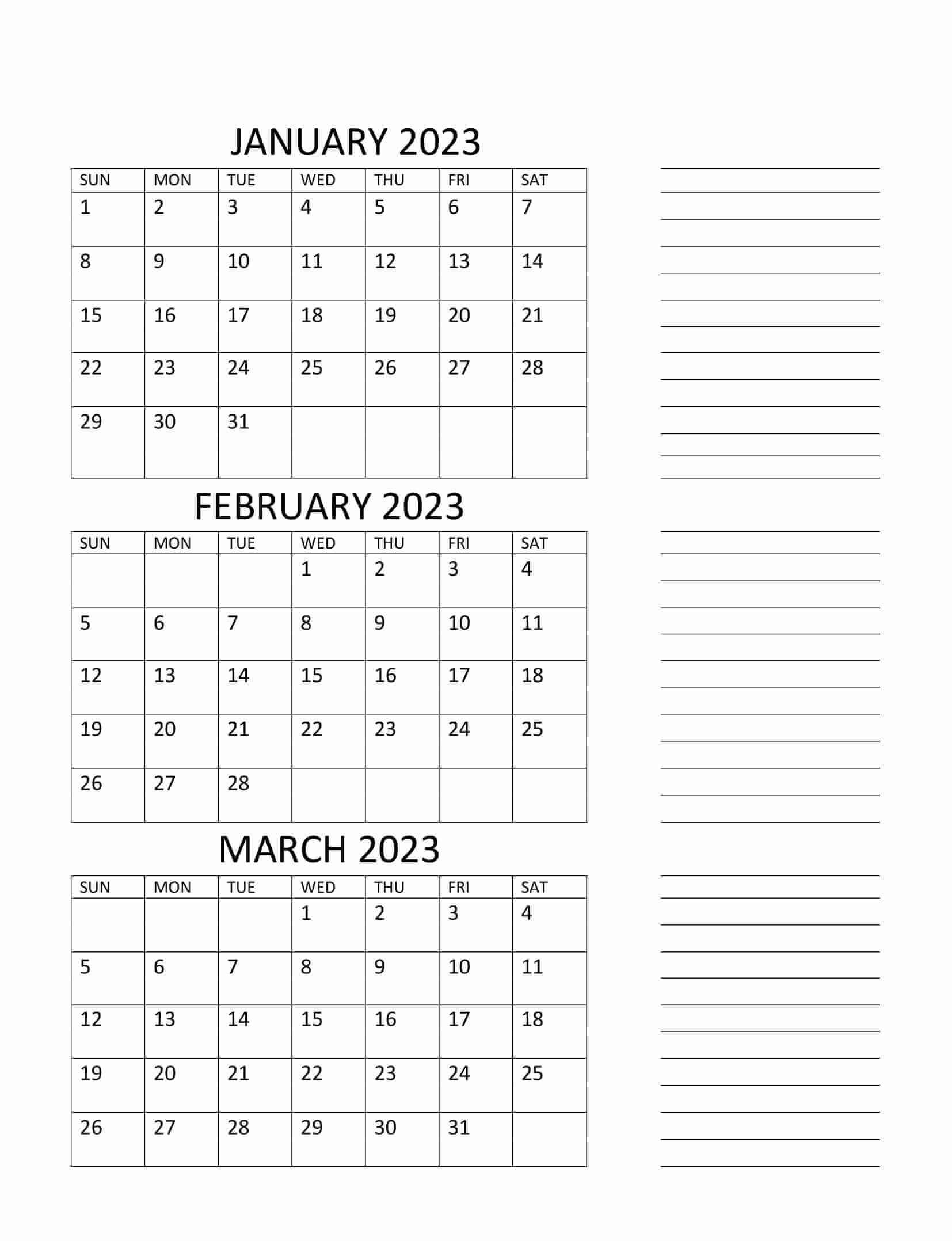 January to March 2023 Calendar Vertical