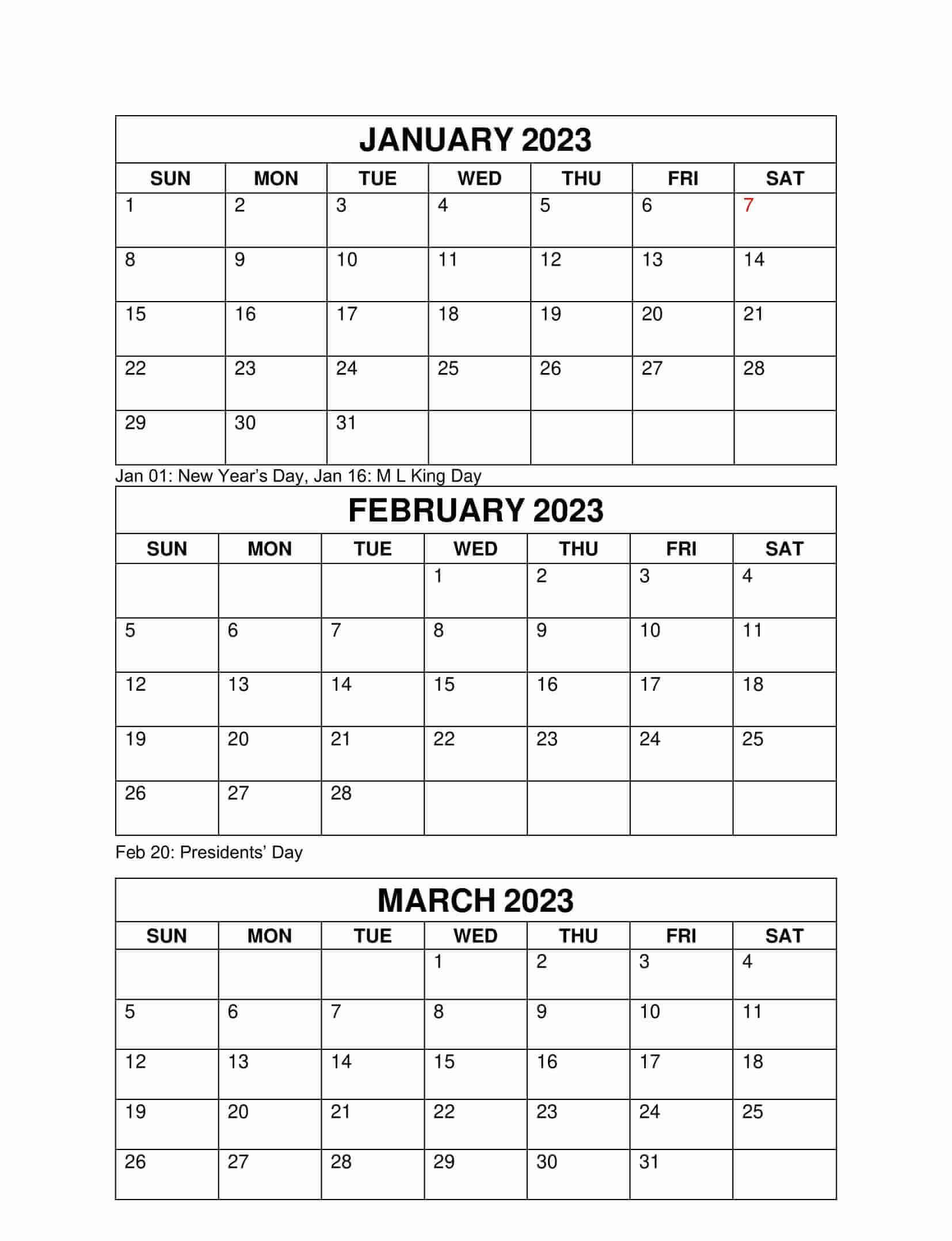January to March 2023 Calendar with Holidays