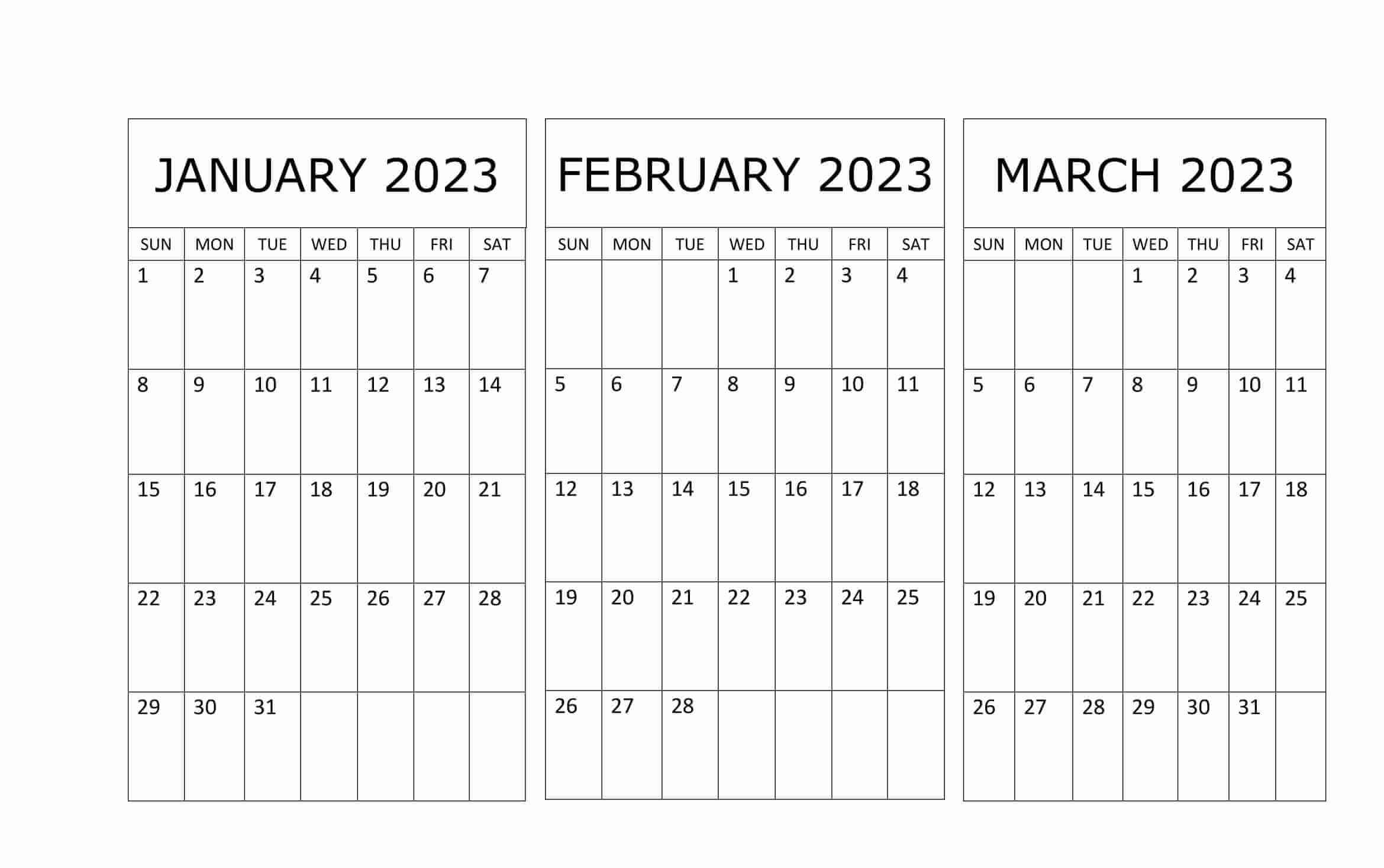 January to March 2023 Calendar