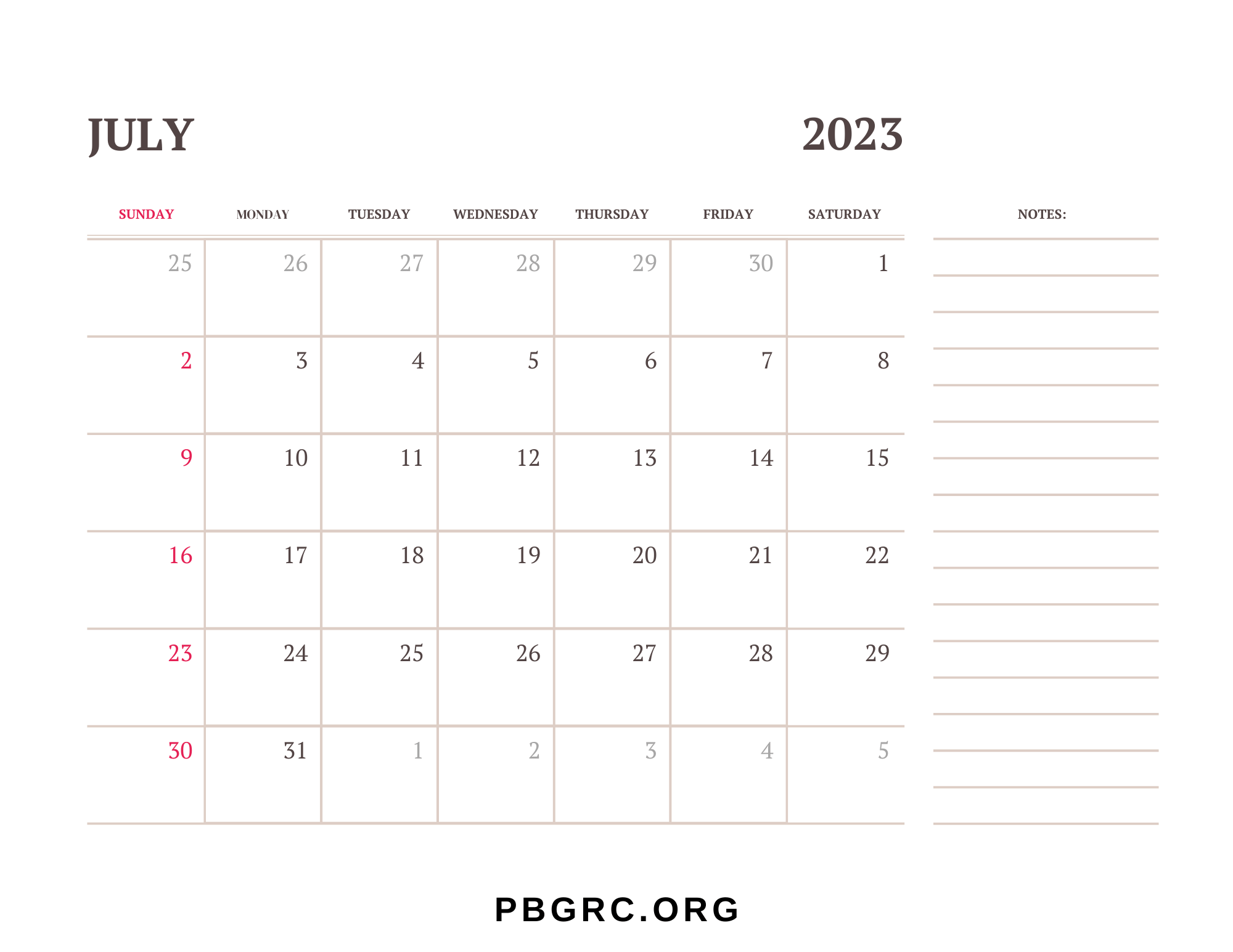 July Calendar 2023 With Notes