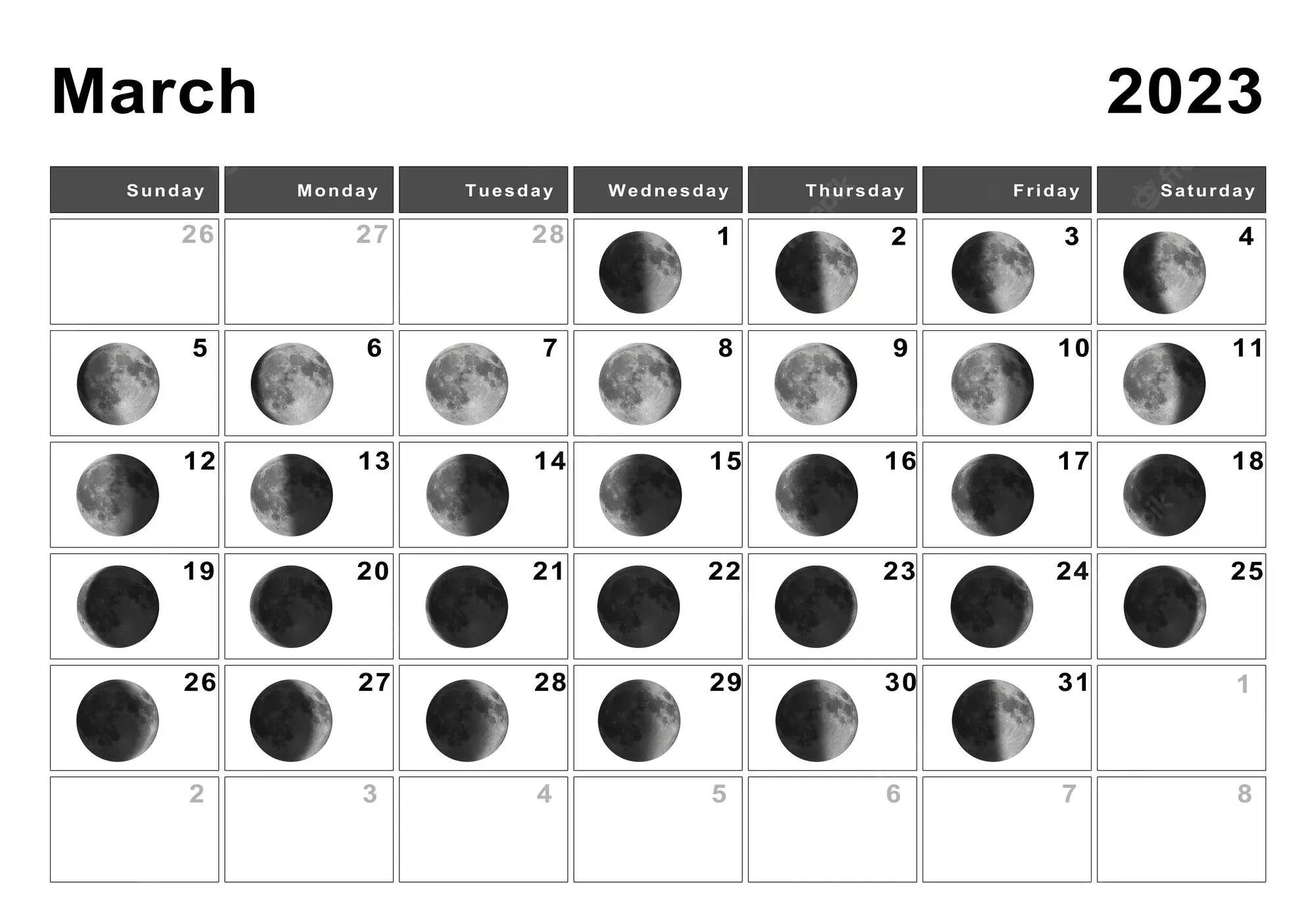 Lunar March 2023 Calendar Phases