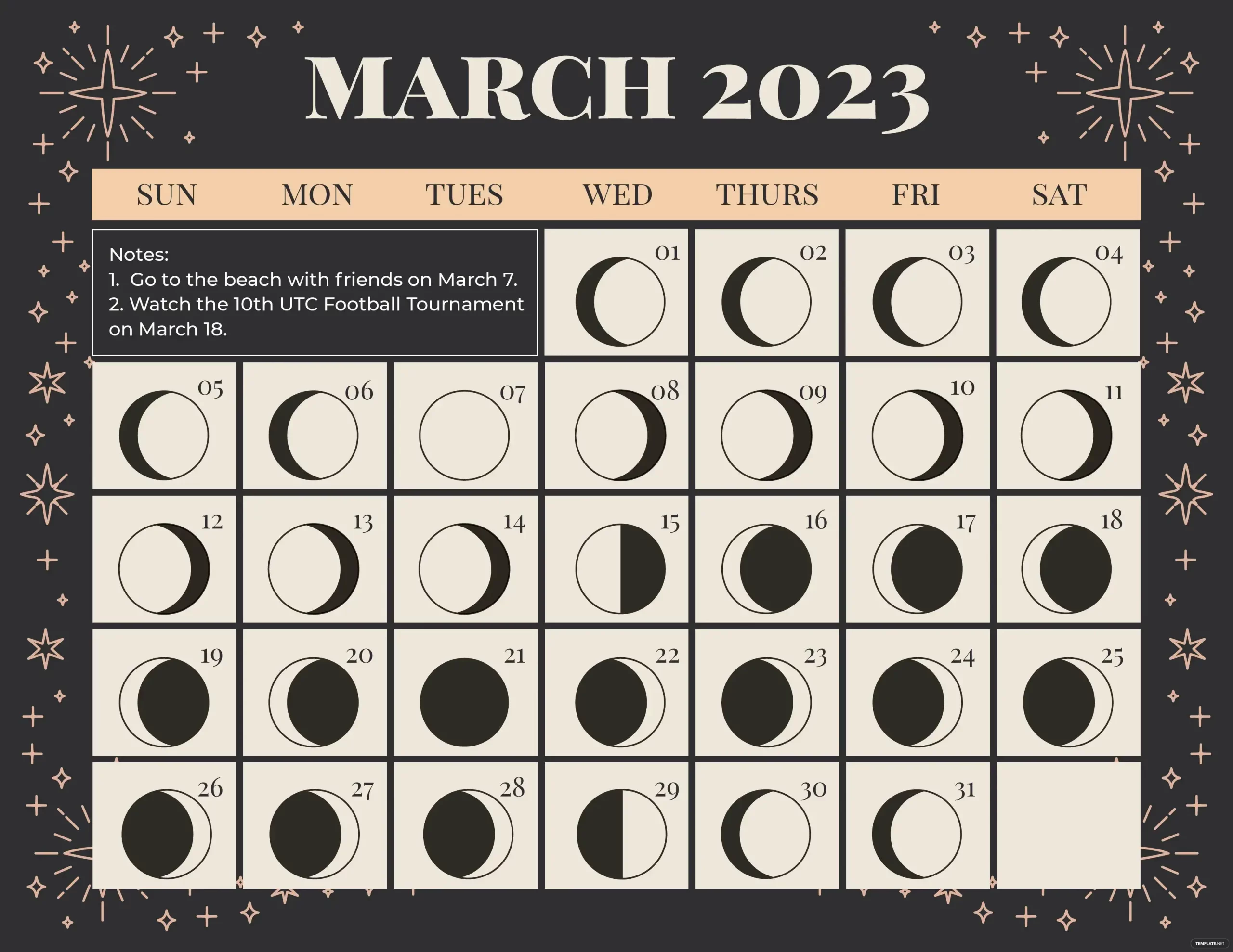 March 2023 Calendar Template With Moon Phases